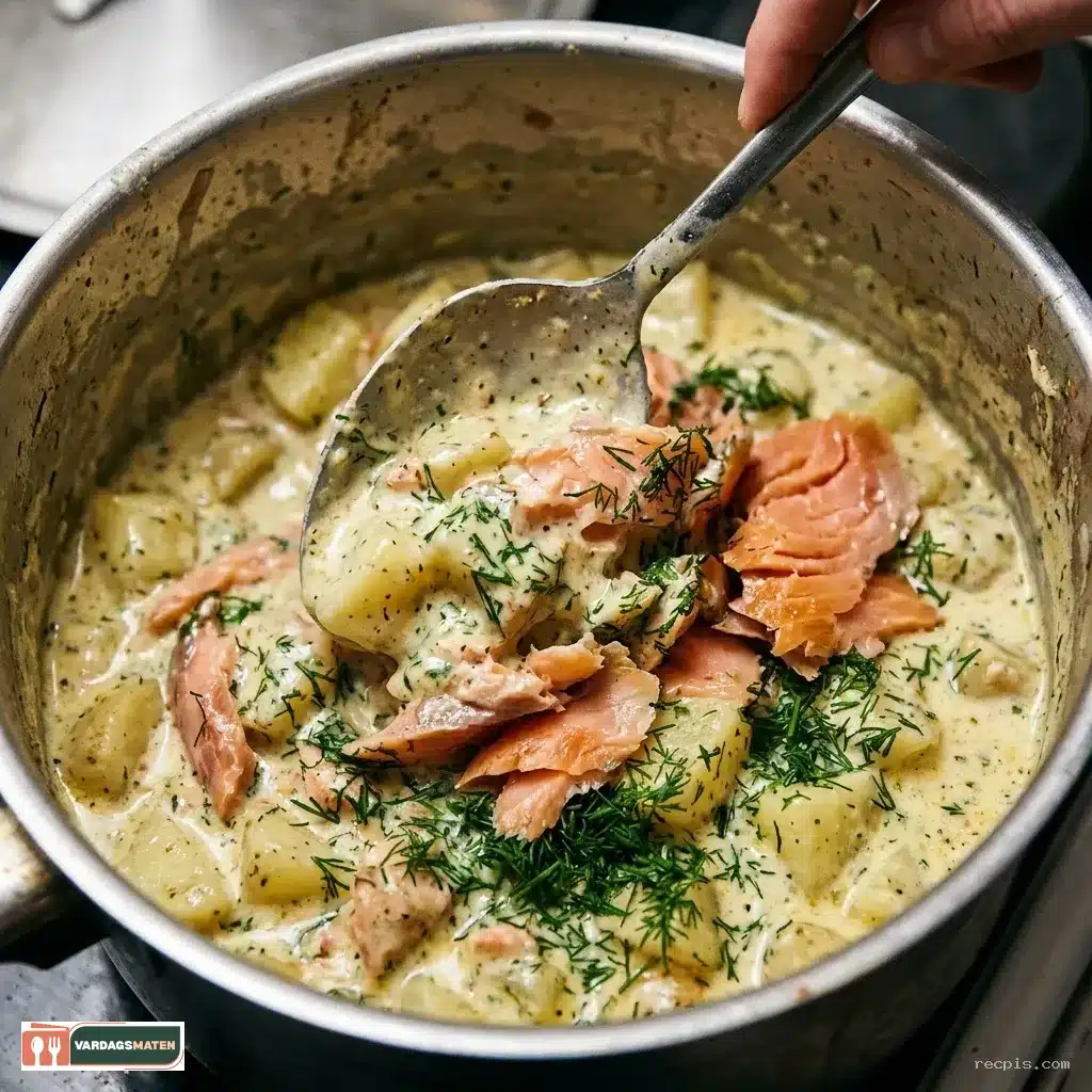 Dillinfuserad potatisragout med rökt lax
